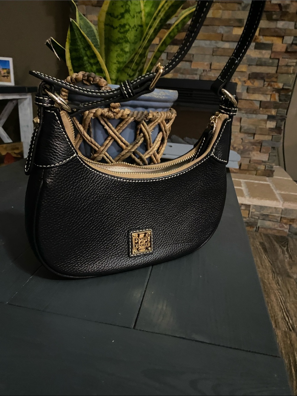 Dooney & Bourke Black Leather Crescent Shoulder Bag with Gold Hardware